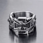 Men's Iron Cross Snake Serpent Silver Solid Stainless Steel Ring