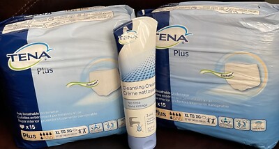 2 Packs Tena Plus XL Disposable Adult Briefs With 1 Tena 8.5 oz No Rinse Cream