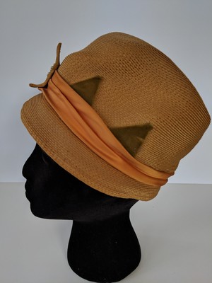 Women\'s Brown Straw Cloche Hat with Orange Bow  NWT Vintage Womens Hat Cloche Straw Texture Felt Triangle Pearl  main image 4