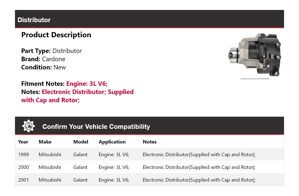 Para Mitsubishi Galant 1999-2001 3L V6 Distribuidor Cardone 2000 Foto 2 de 3