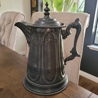 Antique Meriden Water Pitcher Decanter Bold Ornate Silver Plated Lrg Heavy 13.5''