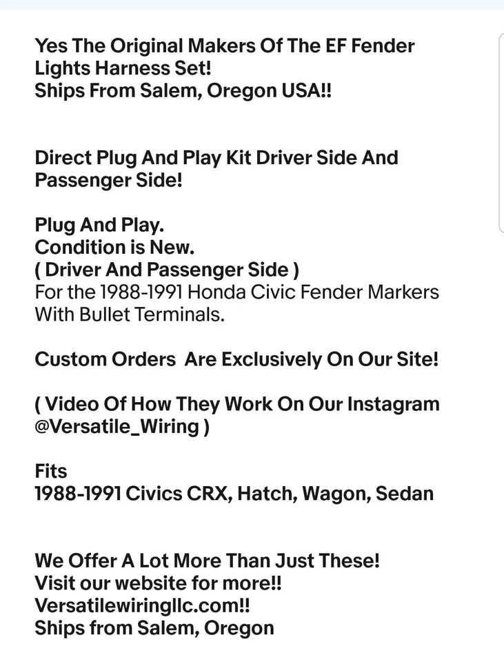 EF CRX Honda Jdm Fender Lights Harness Plug&play JDM EDM Side Marker civic 88-91 - Image 2 of 4