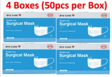 4x Boxes 200pcs BYD CARE Surgical Face Flat Mask Disposable Single Use 50 pcs ea