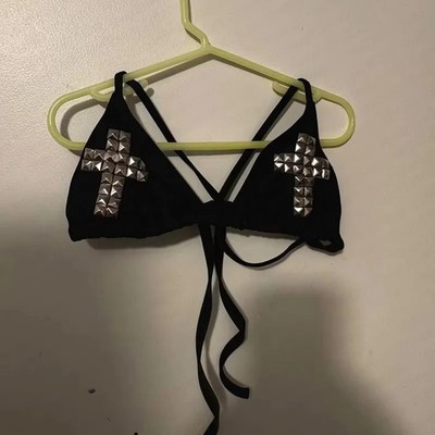 Summer Women's Gothic Punk Style Bikini Top Black Triangle Halter Swimwear St