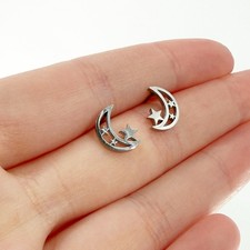 Mini Silver Stars and Moon Stainless Steel Stud Earrings