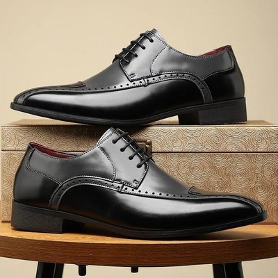 Tailor Made Black & Grey Leather Derby Brogue Shoe - High Shine, Chisel Toe