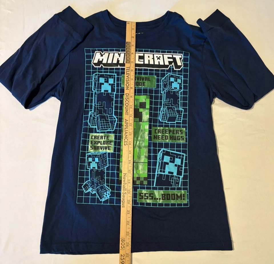 Minecraft Creeper Shirt Boys XL 18/20 Long Sleeve Survival Mode Blue Mojang Game - Image 4 of 4