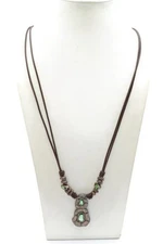 Uno De 50 Necklace Silver Tone Green Crystal Leather Cord 38"