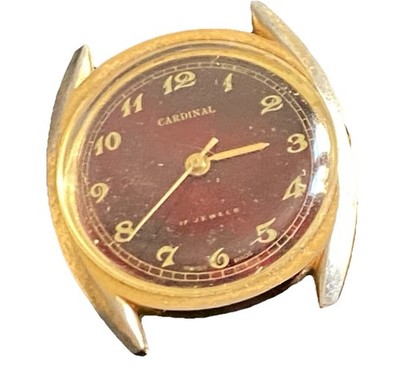 KARDINAL UHR AUTOMATIK 17 JEWELS GOLDFARBEN RUBINFARBENES ZIFFERBLATT SWISS VINTAGE RAR