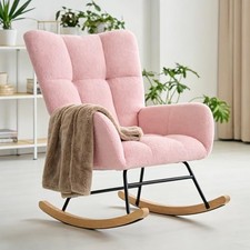 Nursery Rocking Chair Teddy Upholstered, Comfy Glider Rocker with 1 Pack Pink