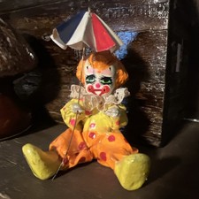Vintage Signed Mexico Paper Mache Clown With Umbrella Folk Art Figurine Glows!
