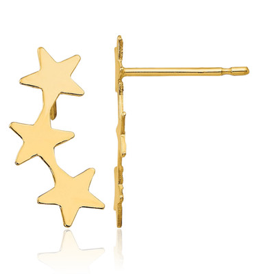 14K Solid Yellow Gold Three Star Climber Earrings 15mm 5/8 inch Polished