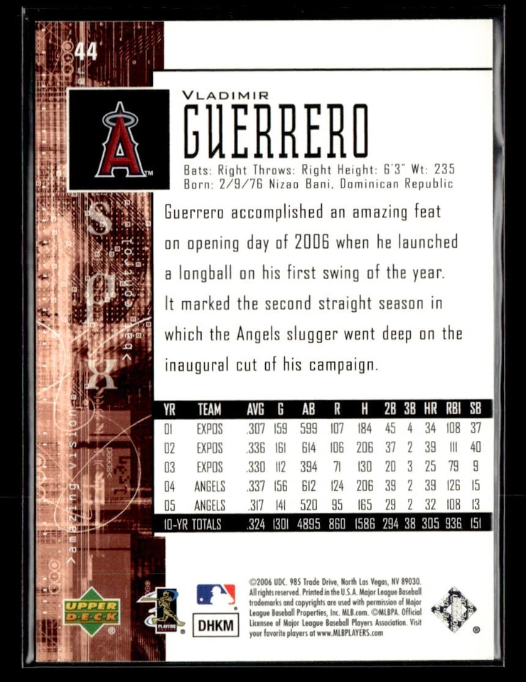 2006 SPx #44 Vladimir Guerrero Card Los Angeles Angels - Image 2 of 2