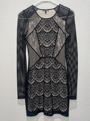 Express Black Beige Lace Crochet Mesh Bodycon Long Sleeve Dress Witchycore  XS
