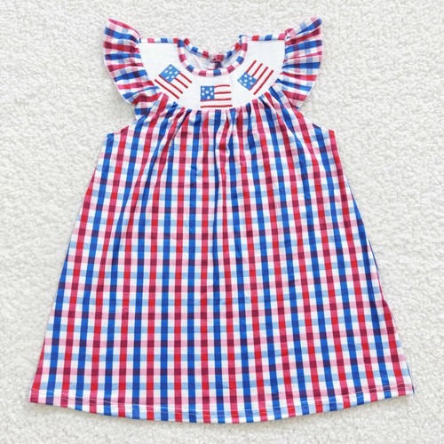 Sibling Sister July 4th Wear Red Blue White Gingham USA Flags Smocked Dress - Picture 2 of 3