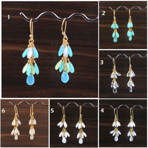 Chalcedony Agate Clear Quartz Yellow Gold Plated Drop Dangle Grapes Earrings  - Picture 1 of 19