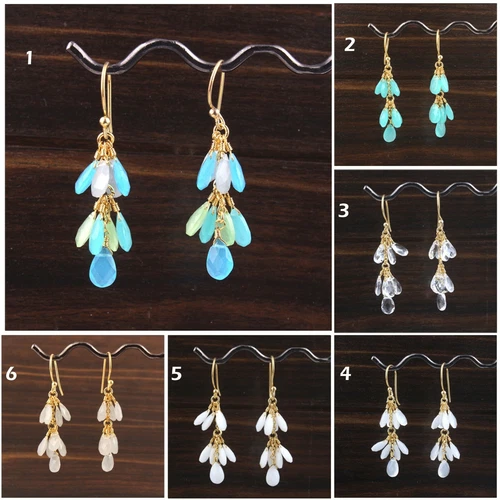 Chalcedony Agate Clear Quartz Yellow Gold Plated Drop Dangle Grapes Earrings