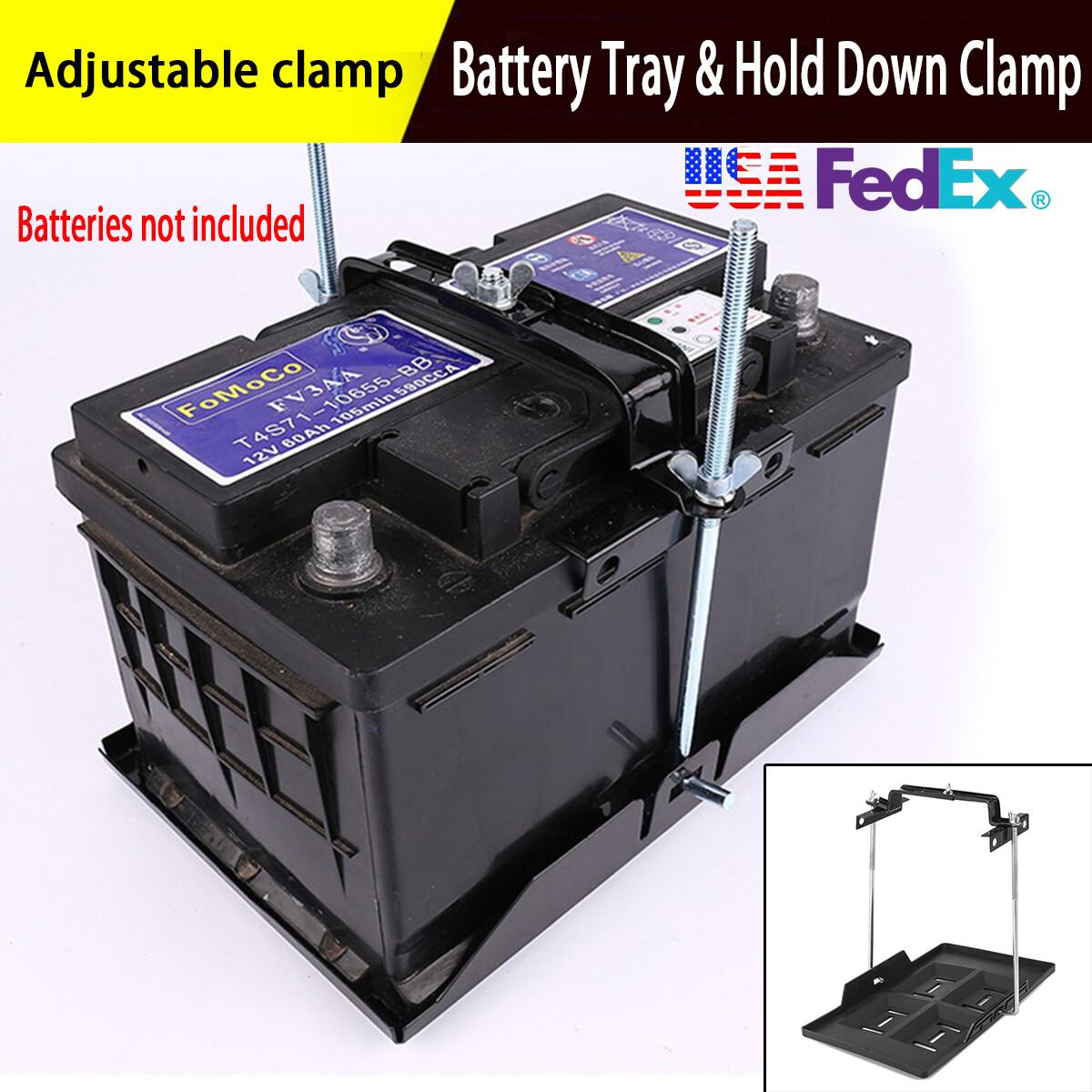 27cm Adjustable Metal Universal Battery Tray + Hold Down Clamp For Car