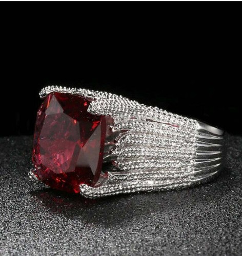 Lab Created Solitaire Style With Red Cushion & White Shape Gemstone Women's Ring - Picture 2 of 6
