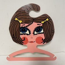 Vtg 1960s 1970s Plastic Girl Face Clothes Hanger Blue Eyes Brown Hair Child RARE