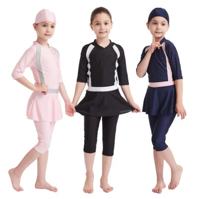 Kinder Mädchen Muslimische Modest Burkini mit Schwimm Cap Schwimmanzug Bademode - Bild 1 von 4