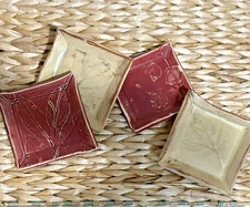 Handmade Studio Clay Pottery Four Drink Coasters Pressed Leaves Glazed Tan Red