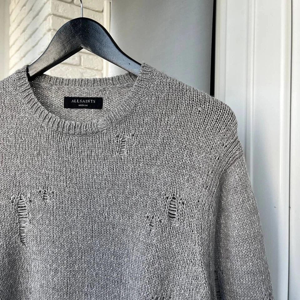 Allsaints Sweater Knit Distressed Wool Blend Knit Grey Mens Size M - Image 2 of 4