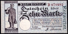 CREFELD / KREFELD 1918 "Silk Weaver" 10 Mark Grossnotgeld German Notgeld