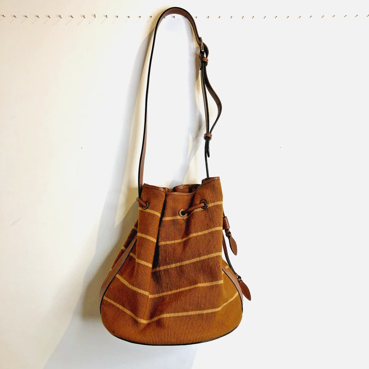 Hunting Season Brown Leather Trimmed Corduroy Bucket Bag Purse