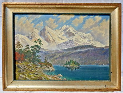 Oil Painting on Canvas Framed -Painter Unknown-Alpine Landscape on Lake + Island