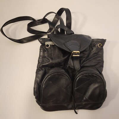Maxam Mini Backpack Genuine Leather Stitched Pattern Pullstring Magnetic Clasp