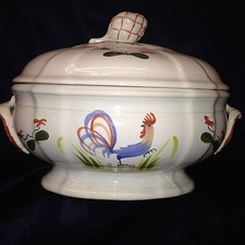 LONGCHAMP FRANCE FAIENCE COQ TUREEN & LID BLUE ROOSTER BIRD RED FLOWERS