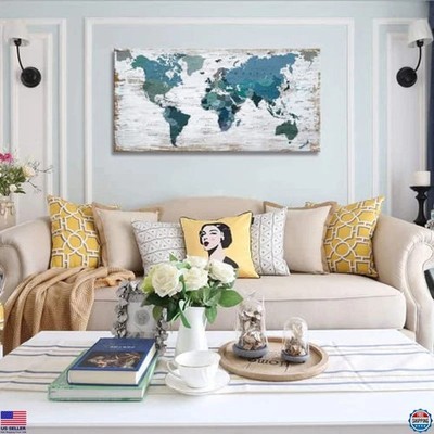 TEAL DECOR TEAL WORLD MAP CANVAS WALL ART 20''X40'' - WHITE BLUE GREEN