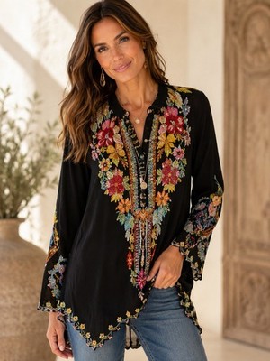 Johnny Was M Black Embroidered Tunic Top Floral Boho Cupra Rayon C23318-D EUC