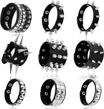 Punk Goth Studded Bracelets 9 Pcs Leather Spike Rivet Adjust Wristband Set Black