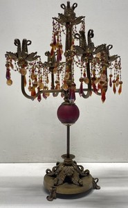 Brass Candelabra Hollywood Regency Style Beaded Prisms Decor India Ornate