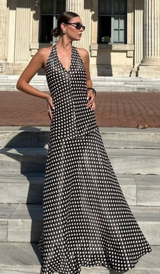 zw collection halter polka dot dress Zara Long Flared Brown Size L 8255/016 New Back hidden in