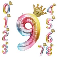 40 Inch Rainbow Balloon with Crown- Giant Gradient Foil Balloon for Number 9