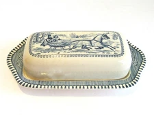 Royal China Currier & Ives "The Road in Winter" Covered Butter Dish Blue Ceramic