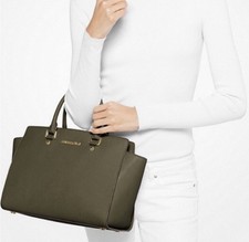 Michael Kors Olive Green Satchel Bag with Detachable Strap Logo Accent