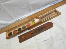 Early Wooden Pen / Pencil Water Color Paint Case Box Travel Brush Holder Wood