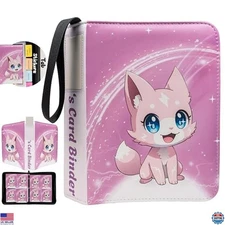 Cute Pink Trading Card Binder 4 Pocket for Girls Gifts - Includes Name Tag & Tab