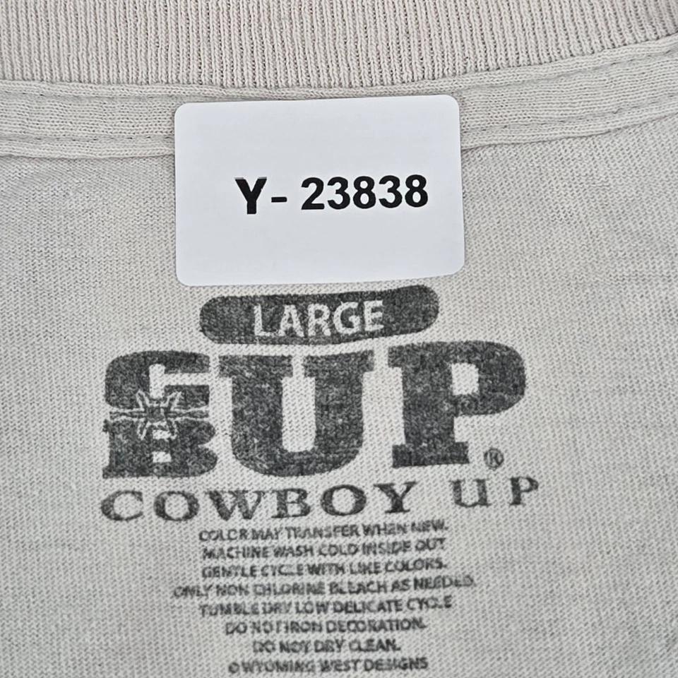 Cowboy Up Men Shirt L Beige Graphic Print Bull Western Text - Image 2 of 4