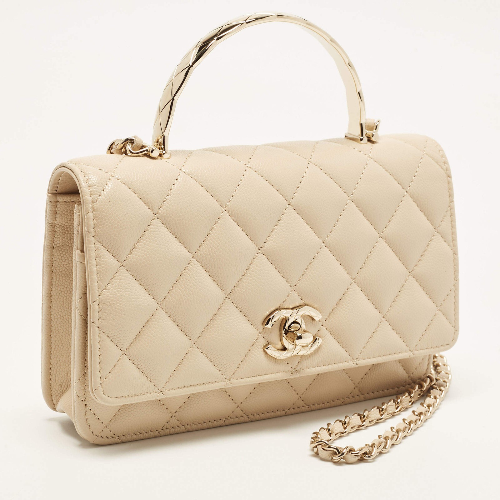 Chanel Light Beige Quilted Caviar Leather Top Handle Wallet On Chain image 3