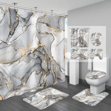 4PCS Grey Marble Bathroom Sets with Shower Curtain and Rugs Abstract Shower Cur