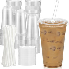 100 Pack - 20 Oz Clear Plastic Cups with Lids and Straws, Sturdy Food Safe Ice