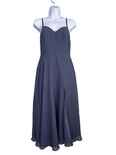 Azazie Clarissa Womens Mid Length A Line Dress Sz 4 Blue Chiffon Bridesmaid Gown