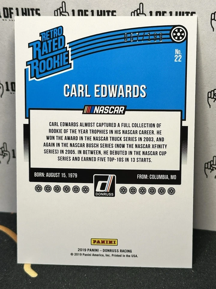 2019 Donruss Racing NASCAR Retro Rated Rookie BLACK #22 Carl Edwards #67/199 - Image 2 of 2