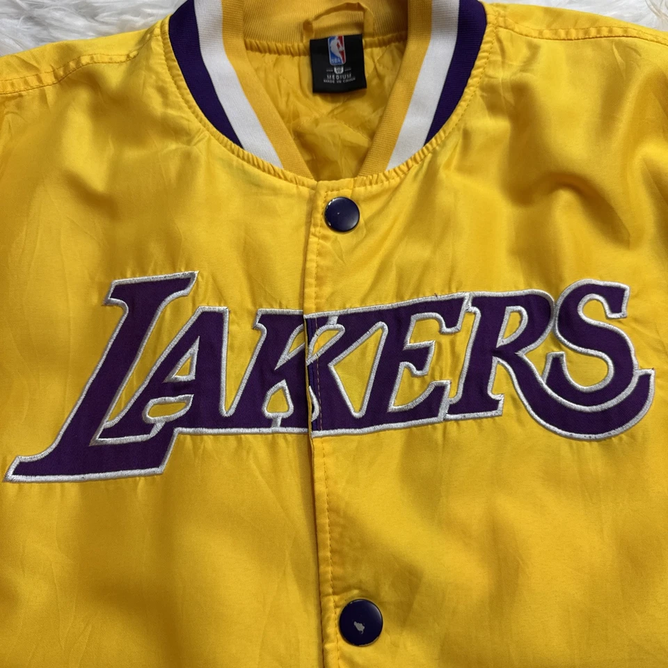 Los Angeles Lakers Satin Bomber Jacket Men Medium M Yellow Snap Button Stitched - Image 3 of 4