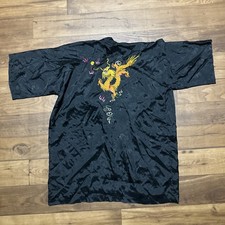 Vintage Golden Dragon Chinese Black Silk Satin Short Robe Embroidered Medium